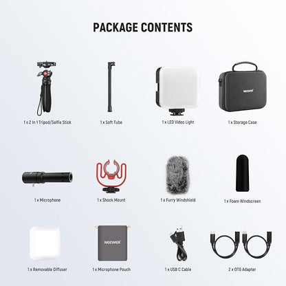NEEWER Phone Vlogging Kit, Content Creator Essentials Kit for YouTube with LED Light, Selfie Stick Travel Tripod, Flexible Soft Tube, USB C Cardioid Microphone for iPhone, Android, Podcast, PA045