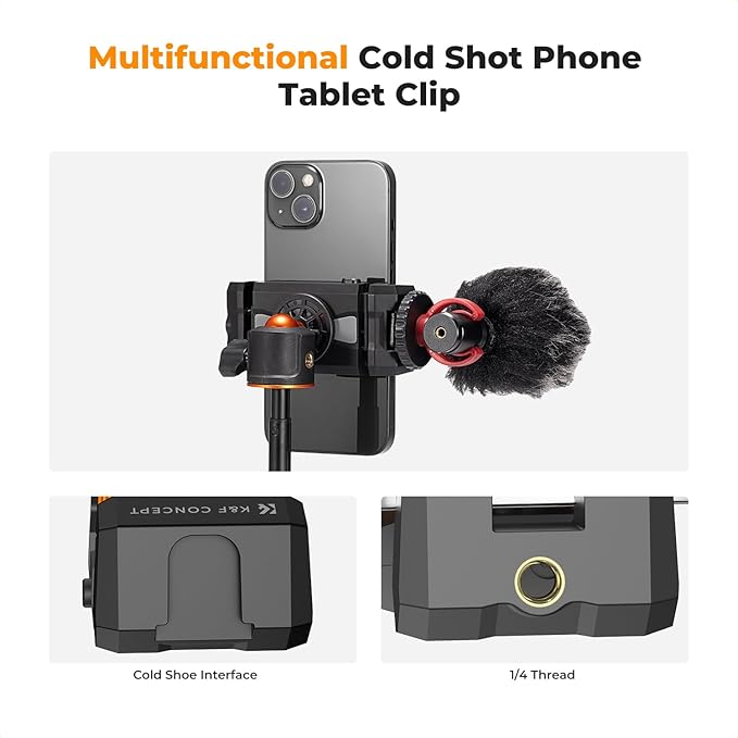 K&F CONCEPT Tablet & Cellphone Tripod Mount Adapter Holder, Adjustable Clamp, Black, Compatible with iPhone 15/14/13/12 Pro Max, iPad Mini/Air/Pro, Surface, Samsung Tab 7.0 Series