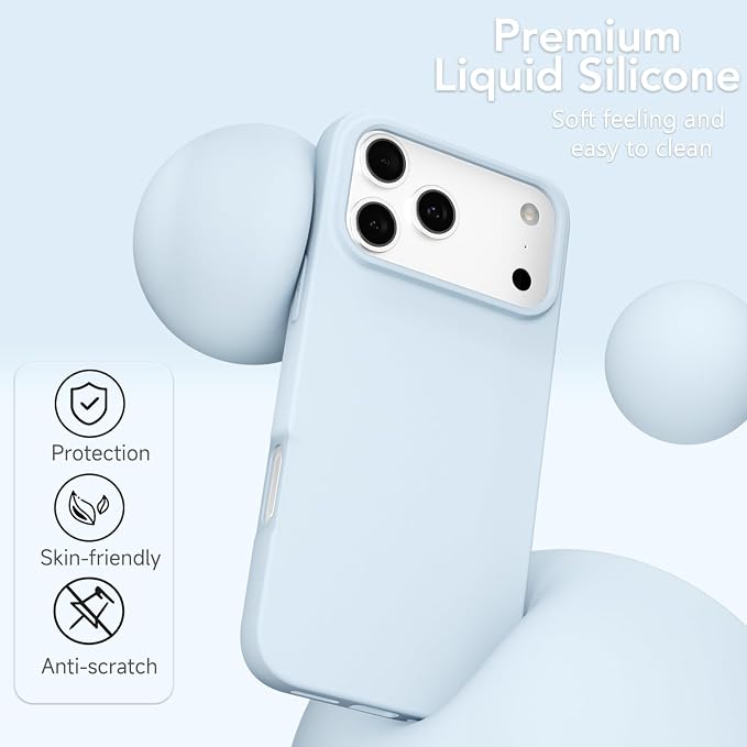 for iPhone 17 Pro Case Silicone Compatible with Magsafe Case, Ultra Slim Thin Magnetic Phone Cases Mag Safe, Cute Soft Rubber Gel TPU Matte Plain Wireless Charging Cover for Women, Light Blue