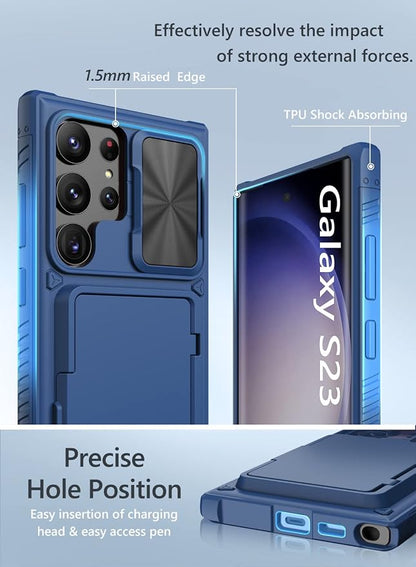 Vihibii for Samsung Galaxy S23 Ultra Case with Card Holder (4 Cards) & Sliding Camera Cover & Kickstand, Shockproof Rugged Hard Back & TPU Edge Wallet Case for Galaxy S23 Ultra 5G 6.8" 2023, Blue