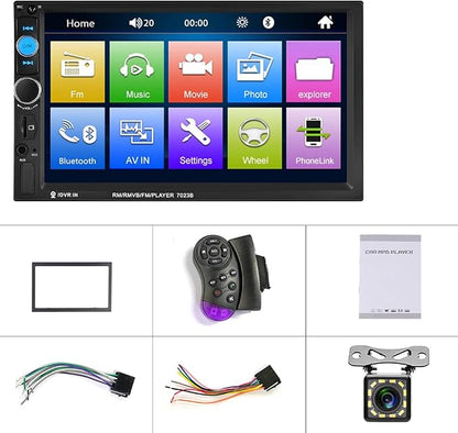 CAMECHO 7" Double Din Car Stereo Audio Bluetooth MP5 Player USB FM Multimedia Radio+ 4 LED Mini Backup Camera with Steering Wheel Remote Support Mobile Phone Synchronization (Used in Android/iOS)