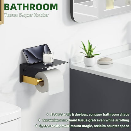 APLusee Black Gold Toilet Paper Holder with Phone Shelf, 304 Stainless Steel Bathroom Paper Holder Wall Mounted, Heavy Duty Tissue Roll Dispenser