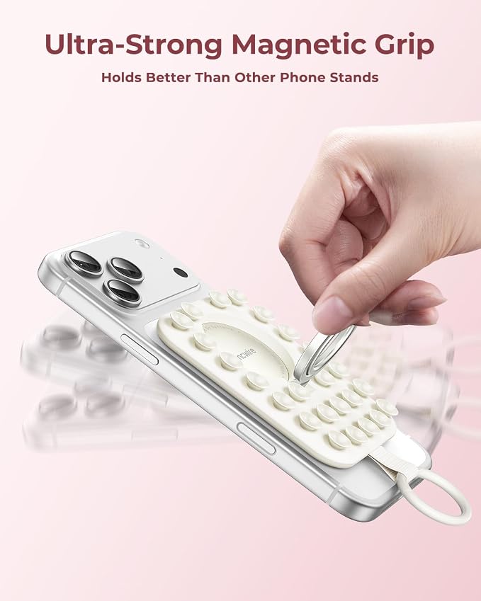 Syncwire Magnetic Suction Phone Mount for MagSafe, Silicone Octo Cup Buddy Sticky Grip Ring Holder, Hands-Free/Selfie/Video for TikTok & Instagram Influencer/Creator, iPhone Compatible,Pearl White