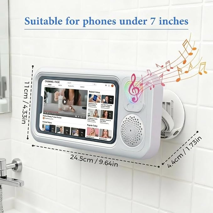 Shower Phone Holder Waterproof with Speaker and Key Control, Wall-Mounted Water Proof Anti Fog Case, Built-In Wireless Speaker, 360° Rotatable, Extendable and Adjustable, Waterproof Screen Touch,White