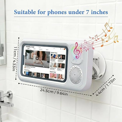 Shower Phone Holder Waterproof with Speaker and Key Control, Wall-Mounted Water Proof Anti Fog Case, Built-In Wireless Speaker, 360° Rotatable, Extendable and Adjustable, Waterproof Screen Touch,White