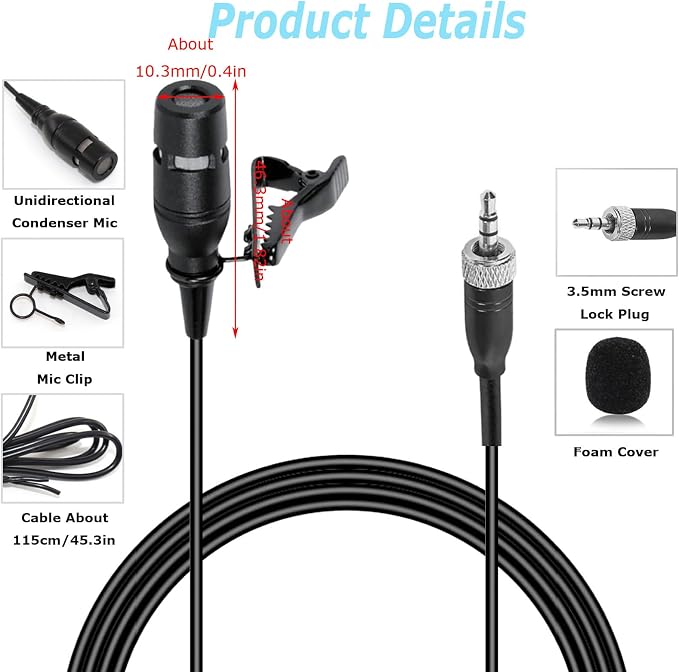 Black Lapel Lavalier Microphone Unidirectional Condenser Super Cardioid Mic Compatible with Sennheiser Wireless Bodypack Transmitter System with 3.5mm Female Screw Plug