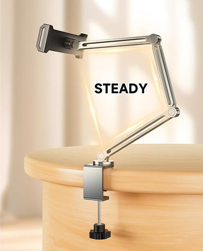 Tablet Arm Mount with Super Grip, Adjustable Foldable Holder & Heavy Duty Aluminum 360° Rotating Clamp for iPad, Phone, Monitor, Kindle - Universal for Desk, Bed, Kitchen - Space Grey