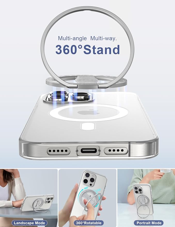 [Stylish Twinkle] EWA MagOne for Magsafe Phone Grip Kickstand [Replaceable Elastic Finger Loop], Mag Safe Ring Holder Stand, Magnetic Phone Accessories for iPhone 17,16,15,14,13,12-(Glitter Silver)