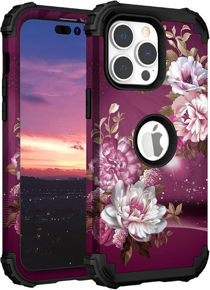 Hocase for iPhone 14 Pro Max Case, Heavy Duty Shockproof Protection Soft Silicone Rubber+Hard Plastic Bumpers Hybrid Protective Case for iPhone 14 Pro Max 2022 - Royal Purple Flowers