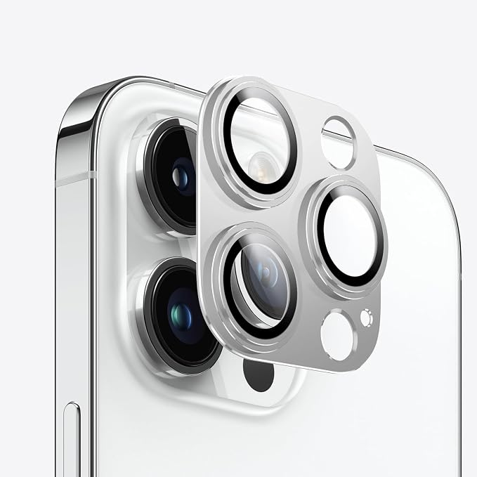 for iPhone 14/15/16 Pro & Pro Max Camera Lens Protector, Step Tempered Glass with Metal Alloy Frame, for iphone 15 pro camera lens protector, Clear Photography, Military-Grade Protection,Silver