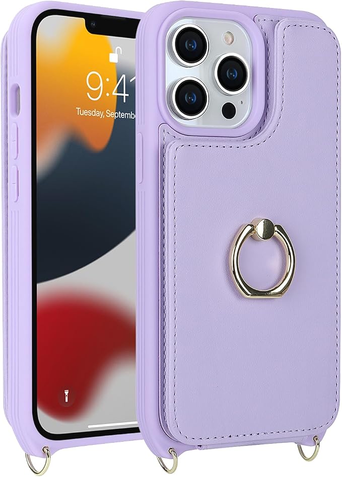 Lipvina for iPhone 13 Pro Case with Card Holder and Strap for Women,Crossbody Lanyard,RFID Blocking,Kickstand Ring Stand,Snap Clasp,Phone Wallet Cases 6.1 inch(Purple)