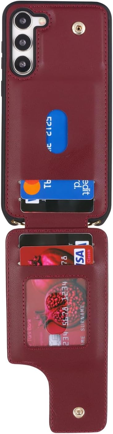 Lipvina for Samsung Galaxy S22 Case with Card Holder and Strap for Women,Crossbody Lanyard,RFID Blocking,Stand Ring Kickstand,Snap Clasp,Phone Wallet Cases 6.1 inch(Wine Red)