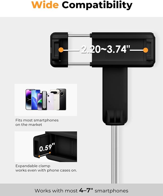 Selfie Stick with Wireless Remote – Portable Selfie Stick for iPhone & Android, Lightweight Foldable Travel Phone Holder for Cell Phone, for Photograph, Video Recording, Streaming, Black