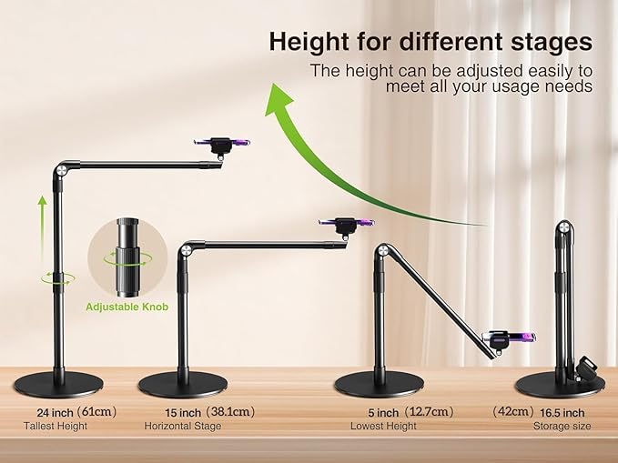 elitehood Heavy Duty Aluminum Overhead Phone Stand, 15 in Long Arm iPhone Holder for Video Recording, 360 Degrees Swivel Tilt Overhead Phone Mount for Filming, Meeting, Cooking, Painting and Crafting