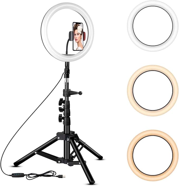 10 inch Ring Light with Tripod Stand - Rovtop LED Camera Selfie Light Ring with iPhone Tripod and Phone Holder for Video Photography Makeup Live Streaming, Compatible with iPhone and Android Phone