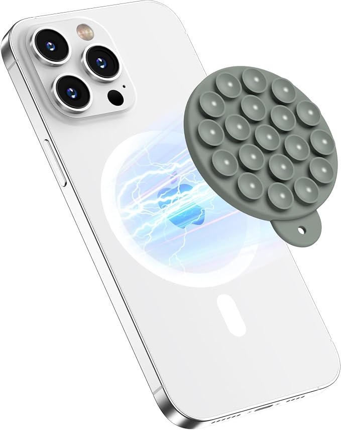 Magnetic Suction Cup Phone Mount with MagSafe, Silicone Hands-Free Grip Holder for iPhone Case and Android, Mirror Shower Phone Stand for Makeup FaceTime Gym Kitchen Bathroom, Calke Green