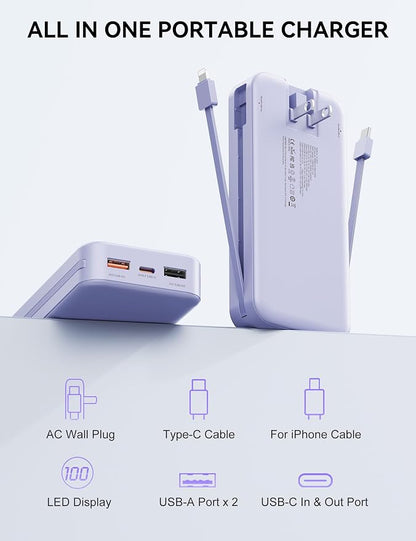 Nusyddy Portable Charger 20000mAh PD20W w/Built-in Cables & Wall Plug Purp. | PD20W Fast Charging, High Capacity, LED Display, Charge 5 Devices at once, TSA Approved, Compatible with iPhone/iPad/Samsung