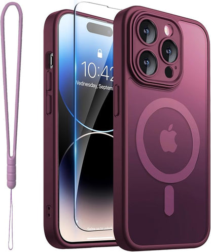 ROYBENS for iPhone 14 Pro Matte Clear Case Compatible with Magsafe, Full Camera Lens Protection, Screen Protector, Wrist Strap, Translucent Magnetic Slim Hard Protective Phone Cover, Wine-Red