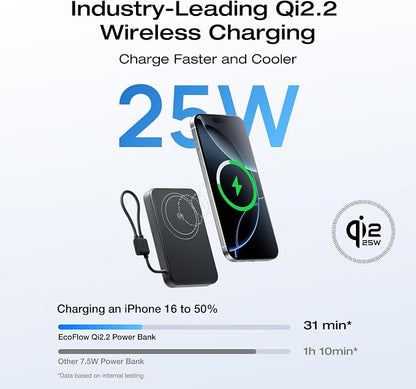 EF ECOFLOW Rapid Mag Power Bank, Qi2.2 25W MagSafe-Compatible Portable Charger, 10,000mAh Magnetic Power Charger with Built-in USB-C Cable and Foldable Stand, for iPhone 17/16/15