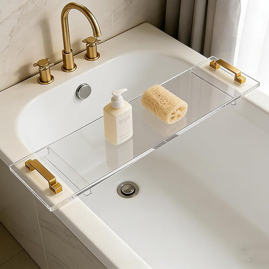 33in Clear Acrylic Bathtub Caddy with Metal Handles, Multifunctional Bath Tub Tray Bathtub Shelf Tray Simple Bath Board for Wine Glass,Book & Bathroom Essentials, Tubs Spa Gift for Men & Women