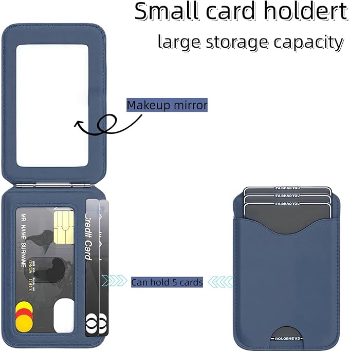 Upgraded for Magsafe Wallet, Strong Magnetic Phone Wallet with Adjustable Stand, Built in Makeup Mirror, 5 Card Holder, RFID Blocking (Deep Blue Fold)
