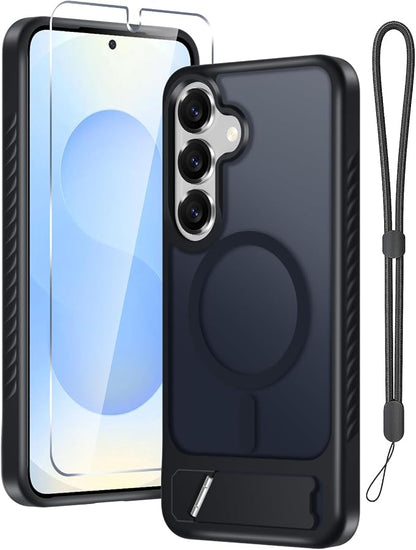 RMOCR for Samsung Galaxy S25 Plus Case with Screen Protector+Lanyard Wrist Strap,Magnetic Translucent Matte Rugged Slim Phone Cover Built in Invisible Kickstand [Fit for MagSafe],2025 Black