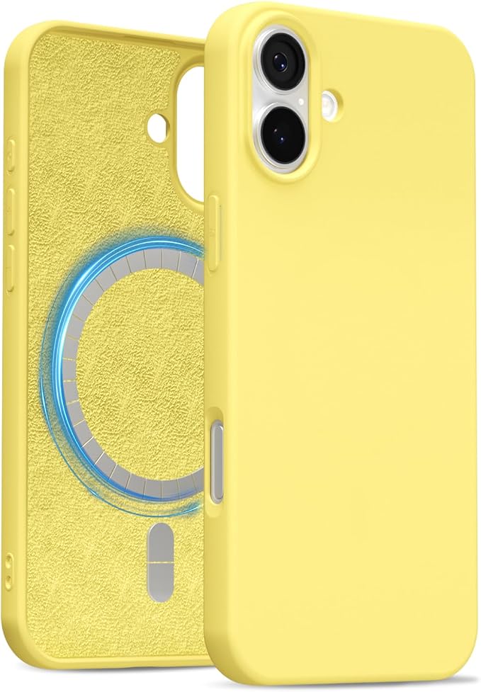 for iPhone 16 Plus Case Silicone Compatible with Magsafe Case, Ultra Slim Thin Magnetic Phone Cases Mag Safe, Cute Soft Rubber Gel TPU Matte Plain Wireless Charging Cover for Women, Yellow