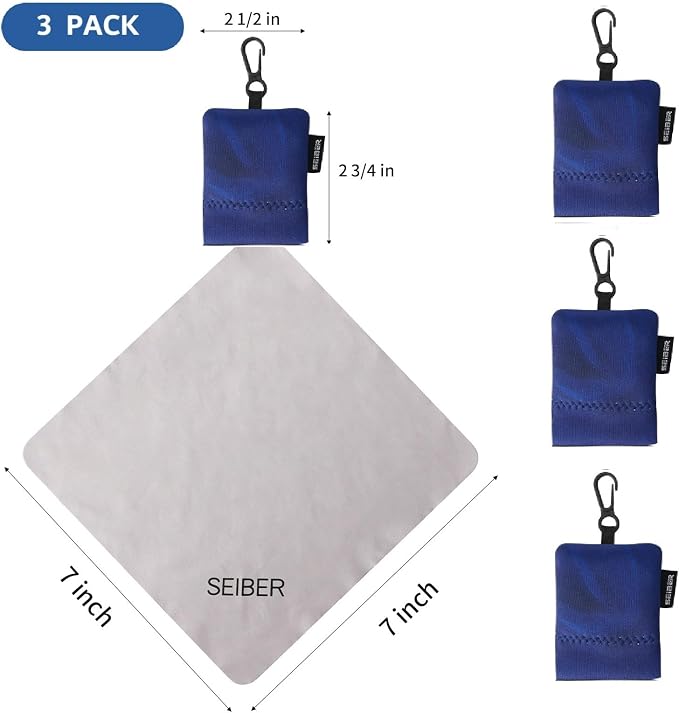 SEIBER Eyeglass Cleaning Microfiber Cloth,7 x 7 inch Glasses Cloth for Sunglasses,Laptops, Cameras,Screen- with Neoprene Pouch,Self-Closing Bottom(3PCS,Blue)