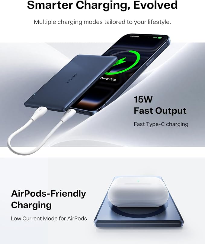 TORRAS MiniMag Power Bank, Ultra Slim 5,000mAh Wireless Portable Charger with USB-C Cable, Fast Charging iPhone Air Magnetic Battery Pack, Compatible for iPhone 17/16/15/14/13/12, Deep Blue