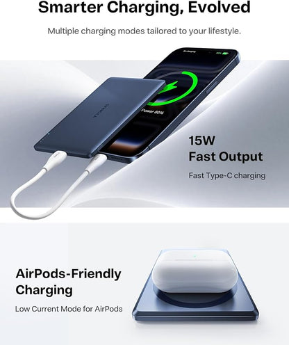 TORRAS MiniMag Power Bank, Ultra Slim 5,000mAh Wireless Portable Charger with USB-C Cable, Fast Charging iPhone Air Magnetic Battery Pack, Compatible for iPhone 17/16/15/14/13/12, Deep Blue