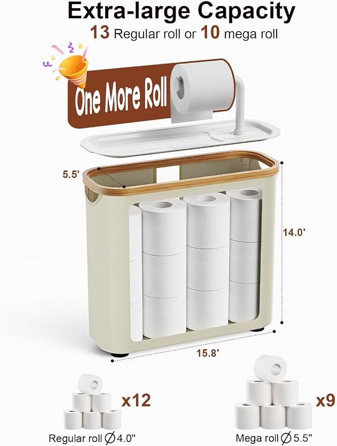 TAZENI Toilet Paper Storage Basket Holder Holds 9-12 +1 Rolls Elegant Multi-Functional Bathroom Toilet Paper Holder Stand Storage Organizer Waterproof with Tray Hold Phone Wet Wipes Beige