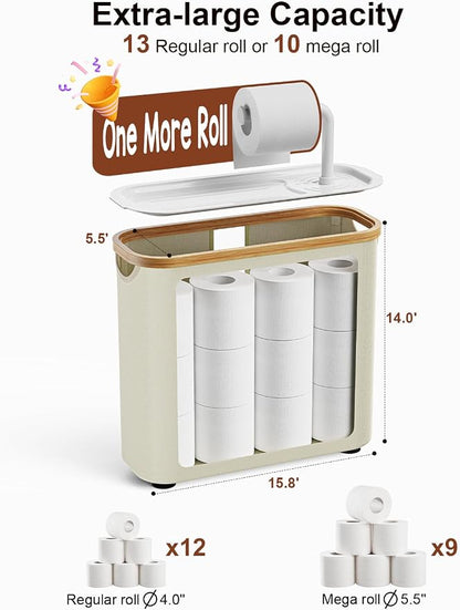 TAZENI Toilet Paper Storage Basket Holder Holds 9-12 +1 Rolls Elegant Multi-Functional Bathroom Toilet Paper Holder Stand Storage Organizer Waterproof with Tray Hold Phone Wet Wipes Beige