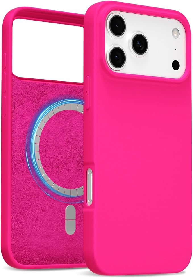 for iPhone 17 Pro Case Silicone Compatible with Magsafe Case, Ultra Slim Thin Magnetic Phone Cases Mag Safe, Cute Soft Rubber Gel TPU Matte Plain Wireless Charging Cover for Women, Hot Pink