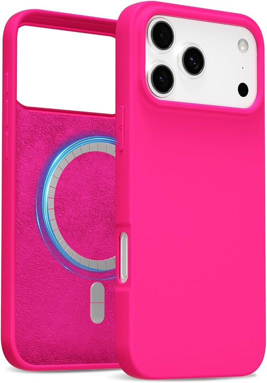 for iPhone 17 Pro Case Silicone Compatible with Magsafe Case, Ultra Slim Thin Magnetic Phone Cases Mag Safe, Cute Soft Rubber Gel TPU Matte Plain Wireless Charging Cover for Women, Hot Pink