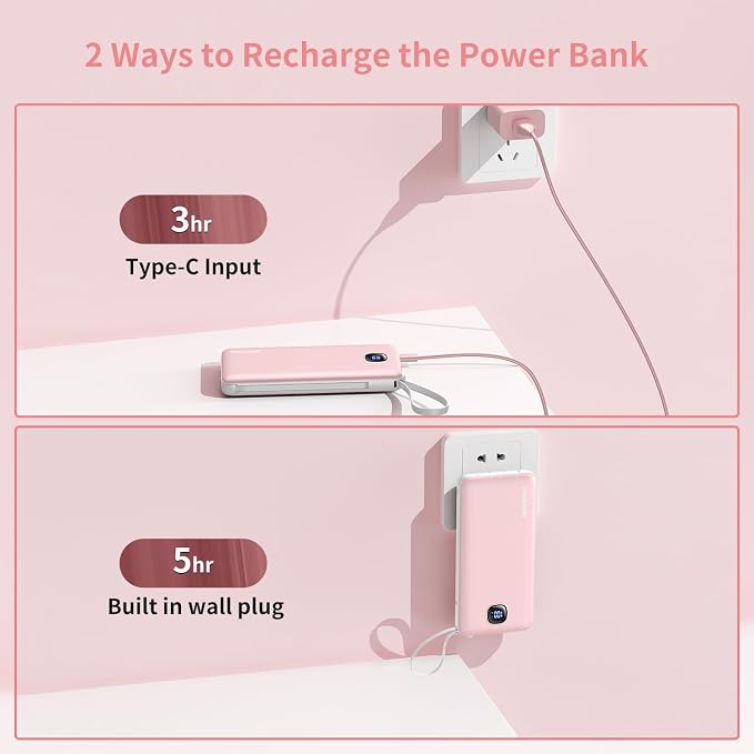 penaover Portable Charger with Built-in Cables&AC Wall Plug,Slim 10000mAh 22.5W Fast Charging Power Bank,5 Output 2 Input USB-C External Battery Pack Compatible with iPhones,Samsung,Android, etc