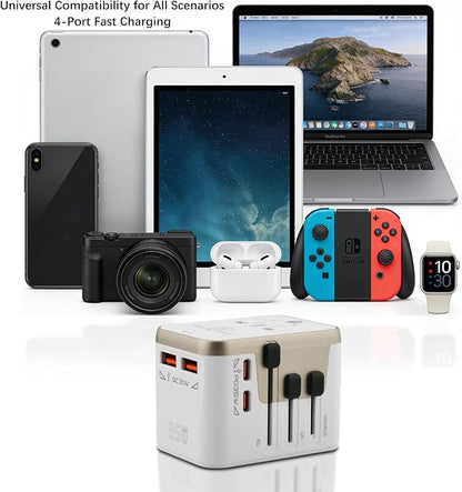Universal Travel Adapter with 4 Ports (2 USB-C & 2 USB-A) Fast Charging 35W Worldwide All-in-One Power Adapter for USA, Europe, UK, Australia & 150+ Countries
