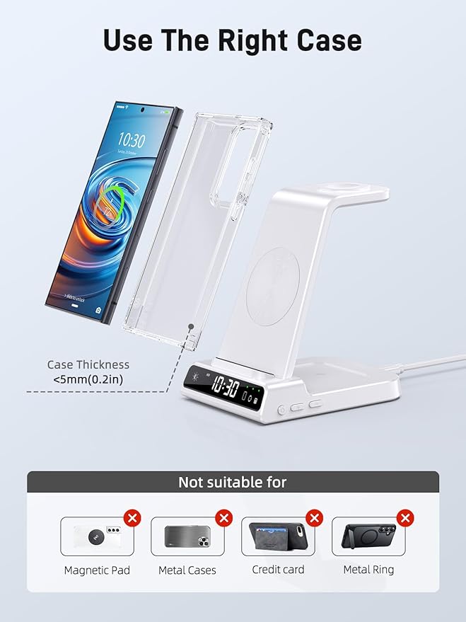 Wireless Charger Samsung Charging Station: 3 in 1 Android Charging Stand with Dimmable Clock - Nightstand Organizer for Galaxy S25 Ultra S24, Galaxy Watch 8 7 6 5 4, Galaxy Buds, Space-Saving Charger