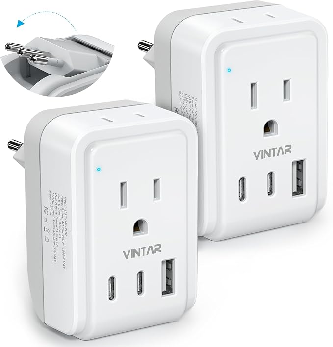 2 Pack Italy Travel Plug Adapter, VINTAR Foldable Italy Power Adapter with 3 USB Ports(2 USB C) and 2 American Outlets, 3 Prong Grounded Type L Plug Adapter for US to Italy Rome Uruguay Chile
