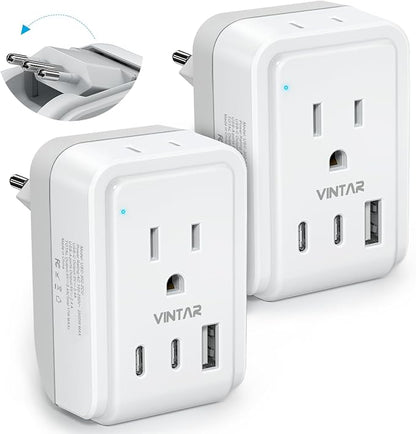 2 Pack Italy Travel Plug Adapter, VINTAR Foldable Italy Power Adapter with 3 USB Ports(2 USB C) and 2 American Outlets, 3 Prong Grounded Type L Plug Adapter for US to Italy Rome Uruguay Chile