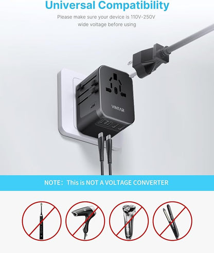 Universal Travel Adapter, VINTAR International Power Adapter with 6A 3 USB C and 2 USB Ports, All in One Travel Essentials Plug Adapter, Worldwide Outlet Converter for Europe UK USA AUS(Type C/G/A/I)