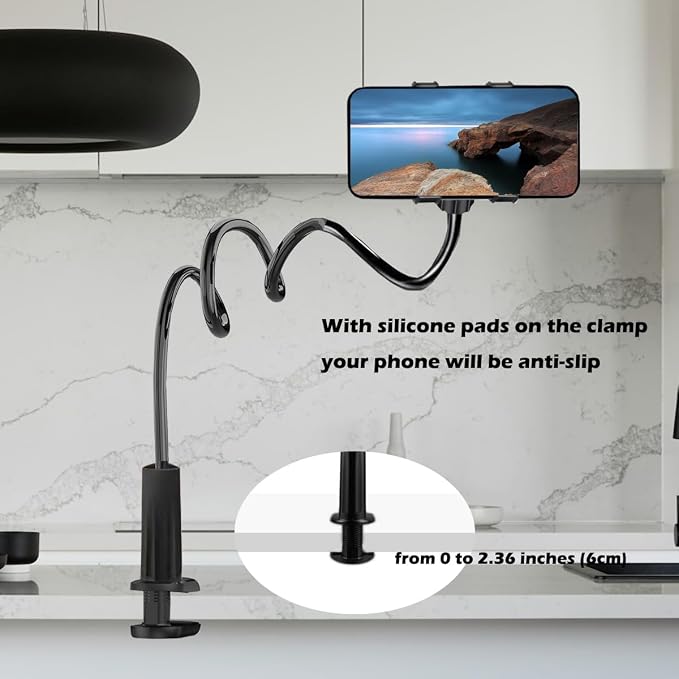 Selfdee Phone Holder for Bed, Gooseneck Clip Adjustable Phone Stand - Universal 360 Flexible Mount for Bedside headboard Lazy Long Arm Clamp Bracket (Style 1)