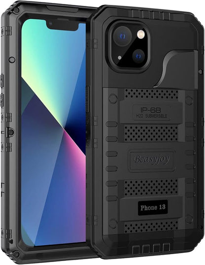 Beasyjoy for iPhone 13 Case Waterproof, Metal Phone Case with Built-in Screen Protector, Heavy Duty Full Body Protective Military Grade Shockproof Rugged Defender Cover 6.1 Inch, Black