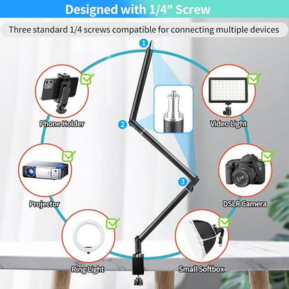 Heavy Duty Overhead Camera Desk Mount Stand 14.5"-41" with 1/4" Screw, 3-Section 360°Rotatable Detachable Articulating Boom Arm with Enlarged Handle C Clamp, Tabletop Light Stand for Streaming Vlog
