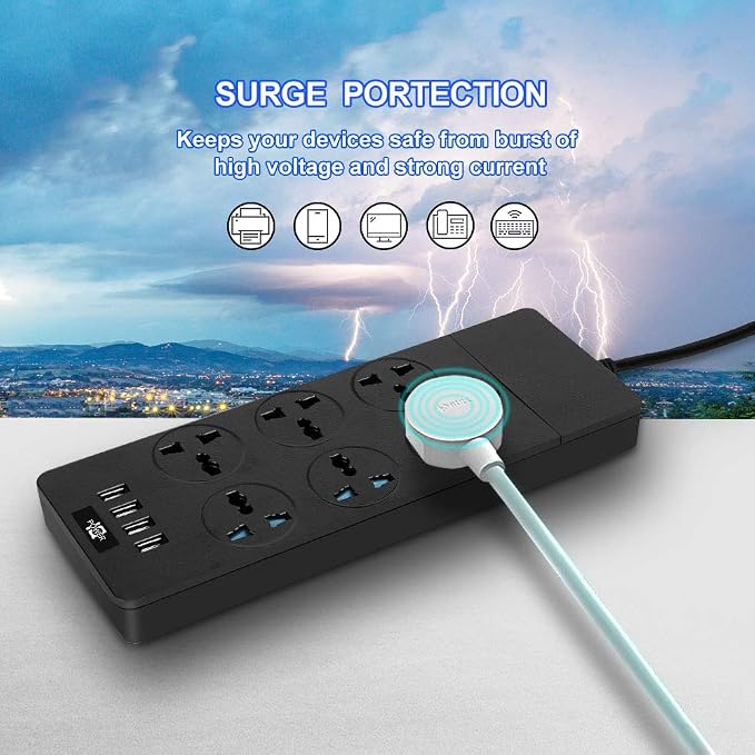 Universal Power Strip with 6 Oulets, 3 USB and 1 Type C, 6.5ft Extension Cord 3000W Universal Power Strip Surge Protector 110V-250V Extension Lead for Home Office Dorm Room (Black)