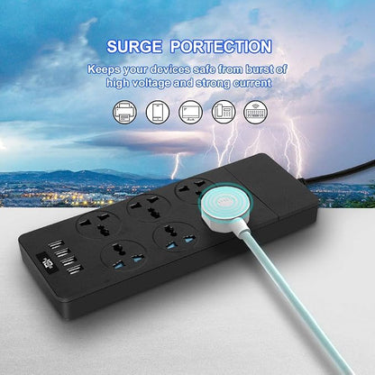 Universal Power Strip with 6 Oulets, 3 USB and 1 Type C, 6.5ft Extension Cord 3000W Universal Power Strip Surge Protector 110V-250V Extension Lead for Home Office Dorm Room (Black)