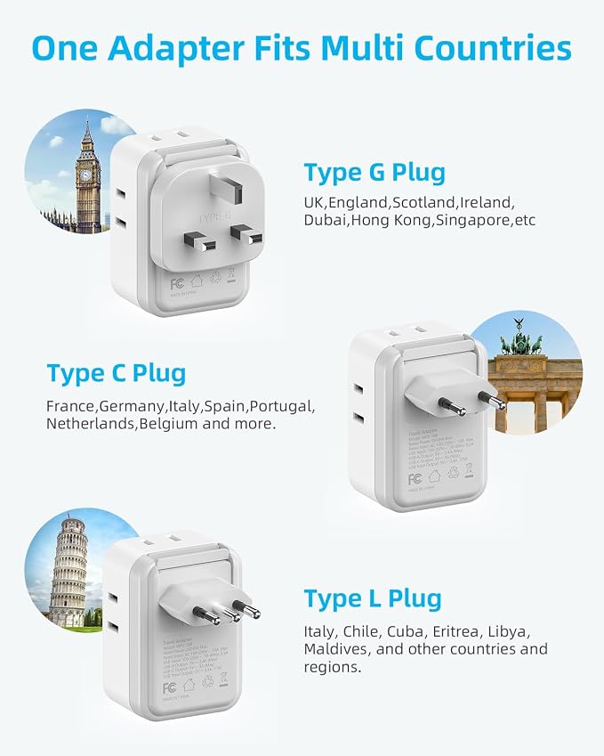 European Travel Plug Adapter Set, 8-in-1 Travel Adapter with 4 Outlets | Universal Travel Adapter, 4 USB Ports (2 USB C), Type G/C/L Detachable Plugs, US to EU/UK Italy, International Power Adapter