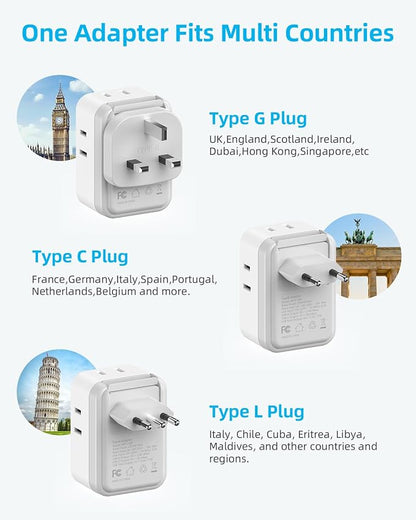 European Travel Plug Adapter Set, 8-in-1 Travel Adapter with 4 Outlets | Universal Travel Adapter, 4 USB Ports (2 USB C), Type G/C/L Detachable Plugs, US to EU/UK Italy, International Power Adapter