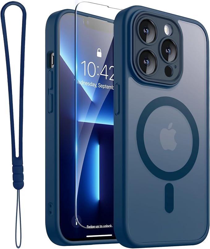 ROYBENS for iPhone 13 Pro-Max Matte Clear Case Compatible with Magsafe, Full Camera Lens Protection, Screen Protector, Wrist Strap, Translucent Magnetic Slim Hard Protective Phone Cover, Navy Blue