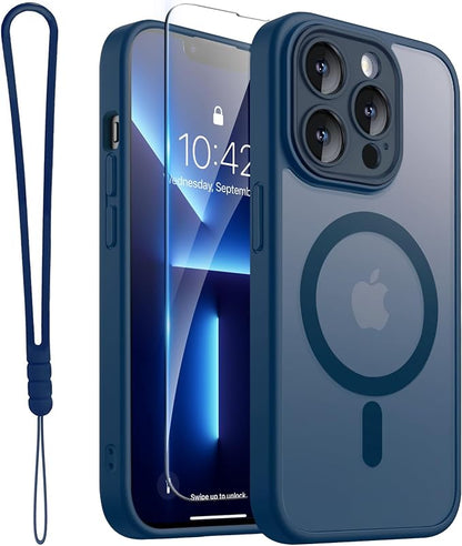 ROYBENS for iPhone 13 Pro-Max Matte Clear Case Compatible with Magsafe, Full Camera Lens Protection, Screen Protector, Wrist Strap, Translucent Magnetic Slim Hard Protective Phone Cover, Navy Blue