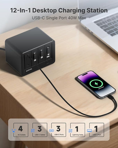 Gitryin 12-in-1 Desktop Charging Station with 3 Retractable Type-C Chargers and 1 Lightning Charger, 160W USB-C Charging Hub with 33.5in Cable, 4 AC, 1 USB A Port, 3 USB C Ports